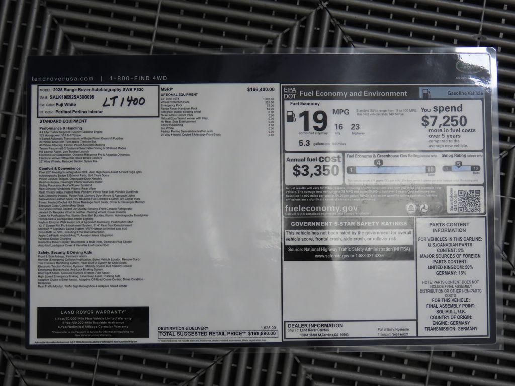 new 2025 Land Rover Range Rover car, priced at $169,890