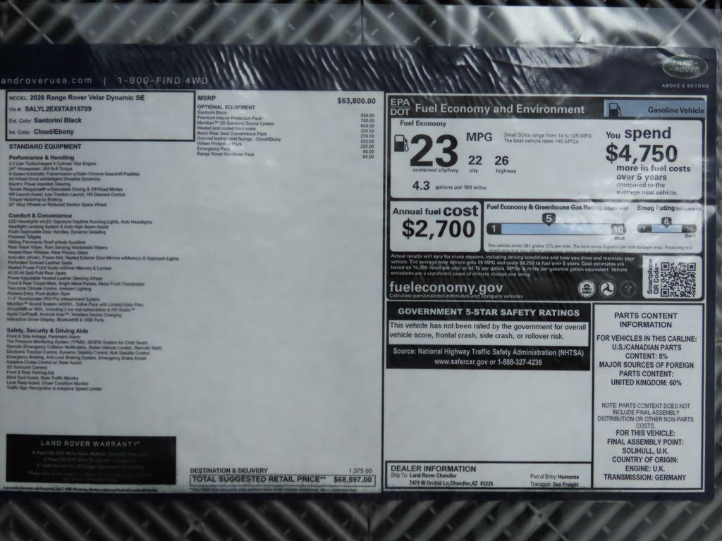 new 2026 Land Rover Range Rover Velar car, priced at $68,597