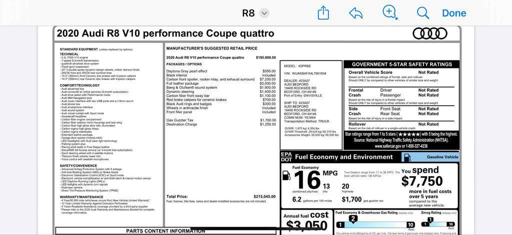 used 2020 Audi R8 car, priced at $193,991