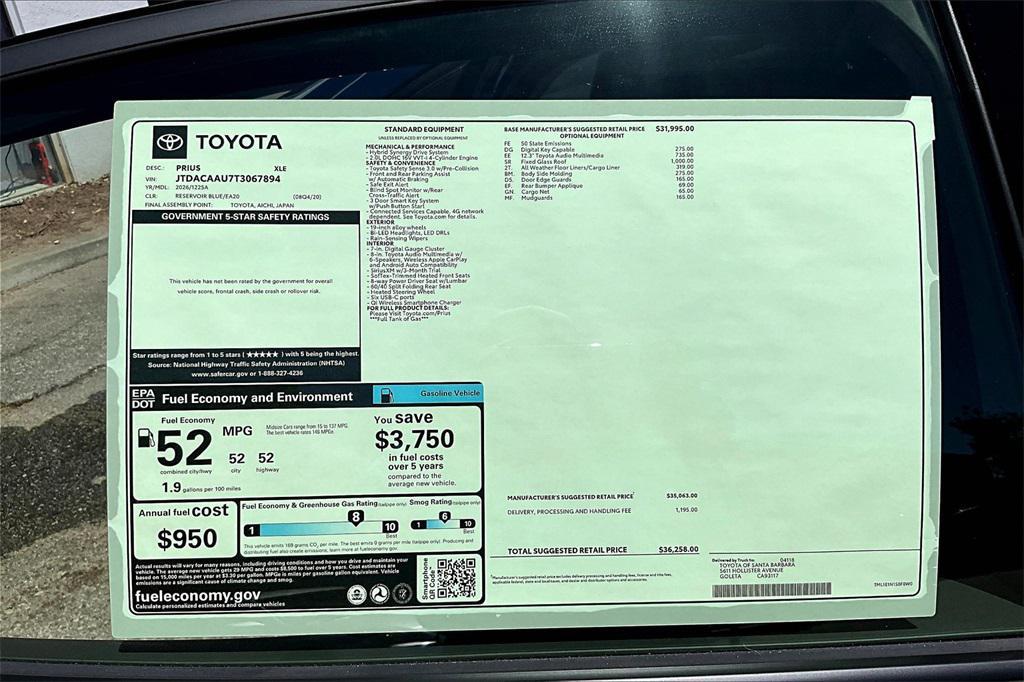 new 2026 Toyota Prius car, priced at $36,258