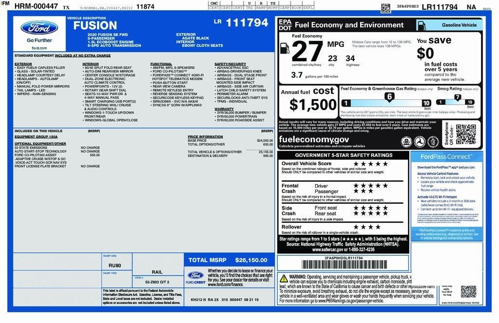 used 2020 Ford Fusion car, priced at $17,917