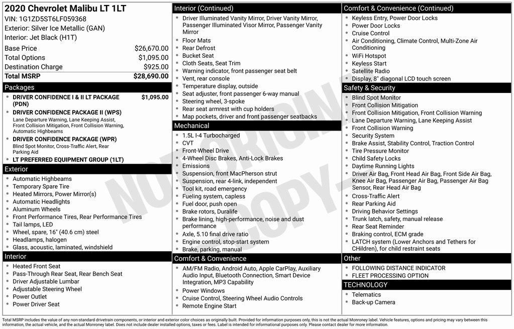 used 2020 Chevrolet Malibu car, priced at $15,738