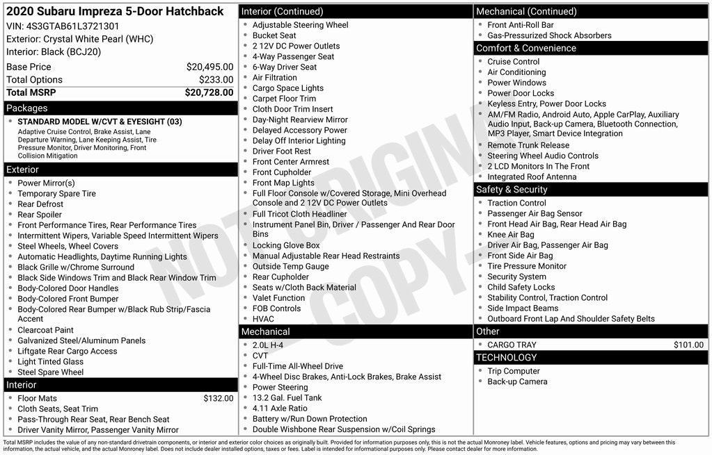 used 2020 Subaru Impreza car, priced at $19,582