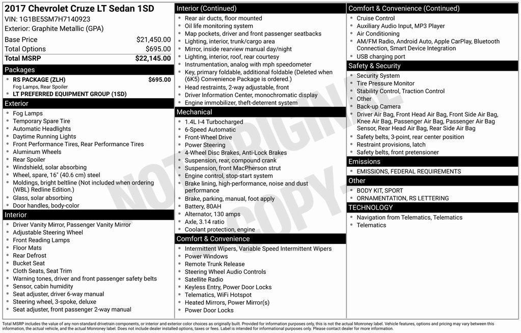 used 2017 Chevrolet Cruze car, priced at $13,824