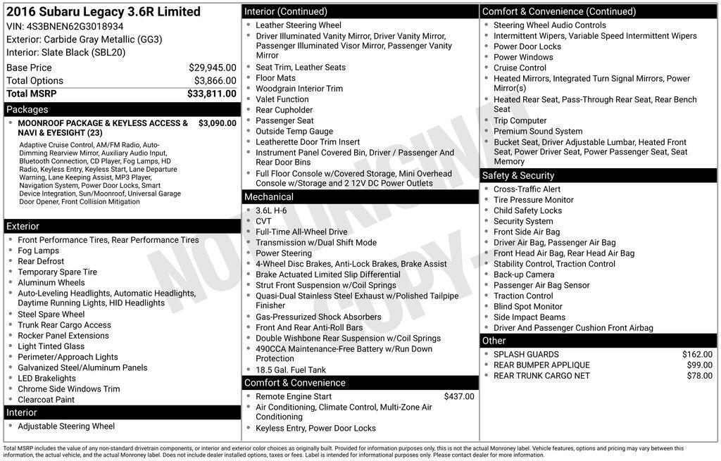 used 2016 Subaru Legacy car, priced at $16,467