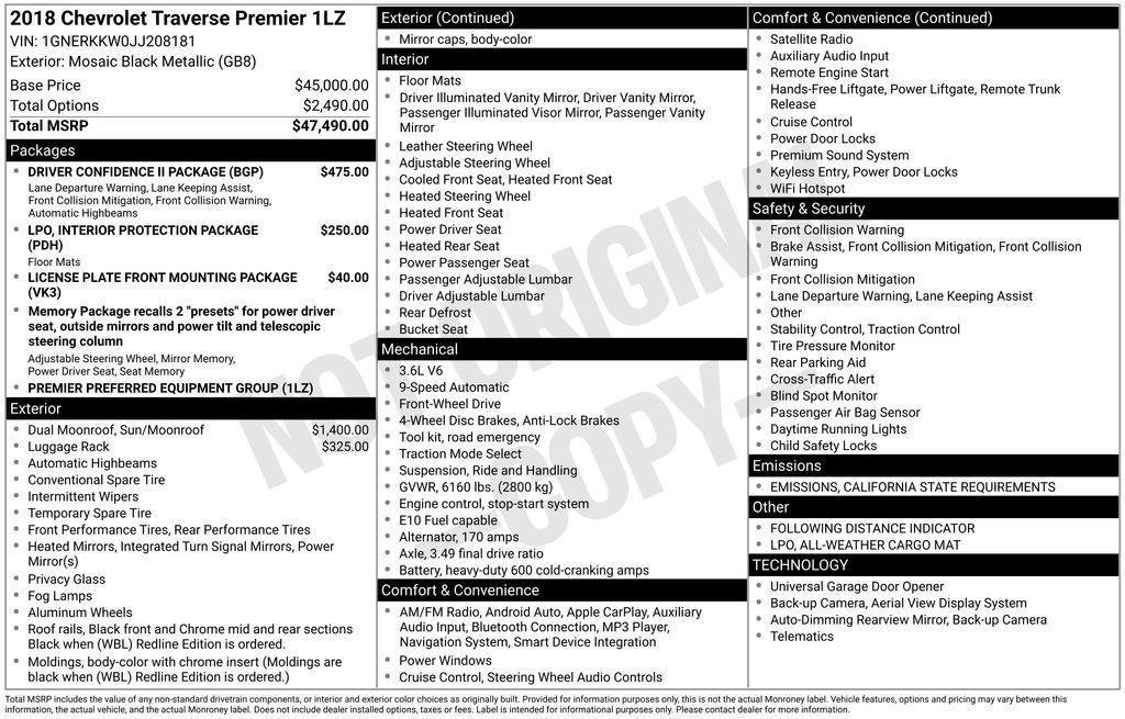 used 2018 Chevrolet Traverse car, priced at $21,000