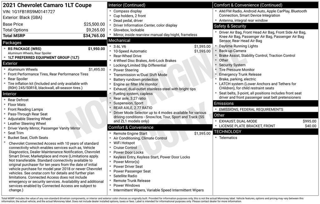 used 2021 Chevrolet Camaro car, priced at $29,800
