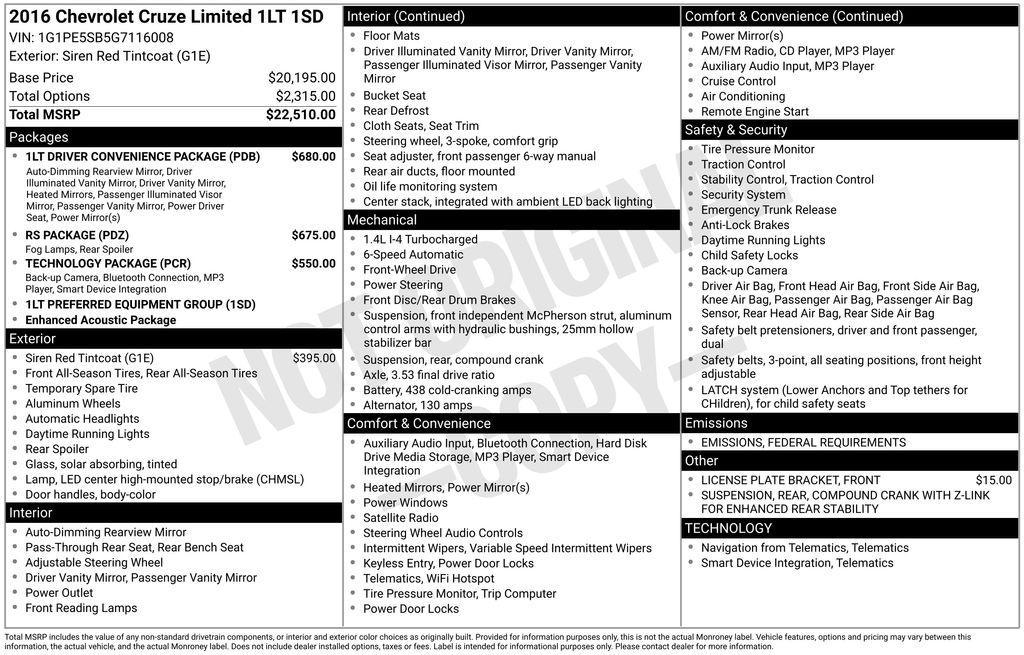used 2016 Chevrolet Cruze Limited car, priced at $11,000
