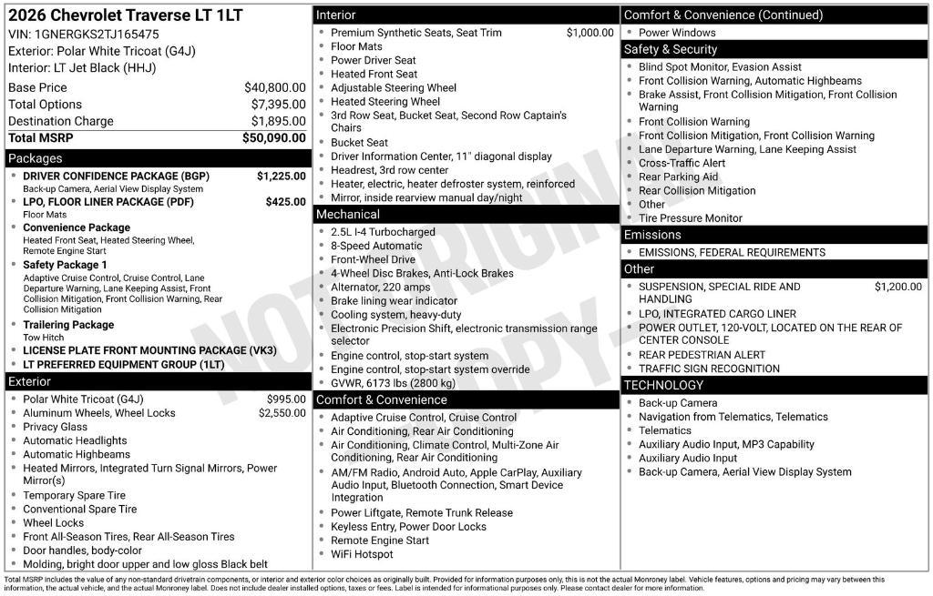 new 2026 Chevrolet Traverse car, priced at $47,949