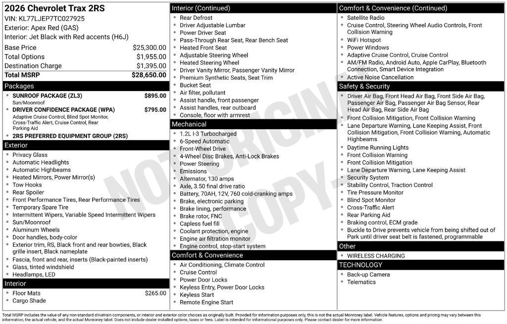 new 2026 Chevrolet Trax car, priced at $27,846