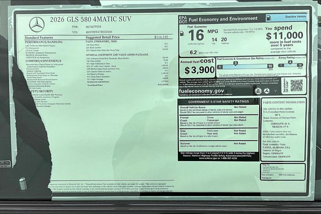 new 2026 Mercedes-Benz GLS 580 car, priced at $121,530