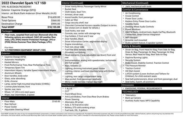 used 2022 Chevrolet Spark car, priced at $15,598