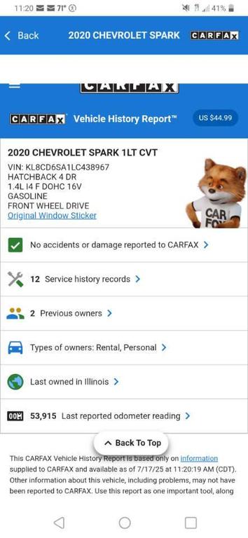 used 2020 Chevrolet Spark car, priced at $9,995