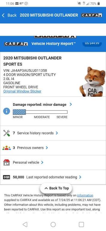 used 2020 Mitsubishi Outlander Sport car, priced at $11,995