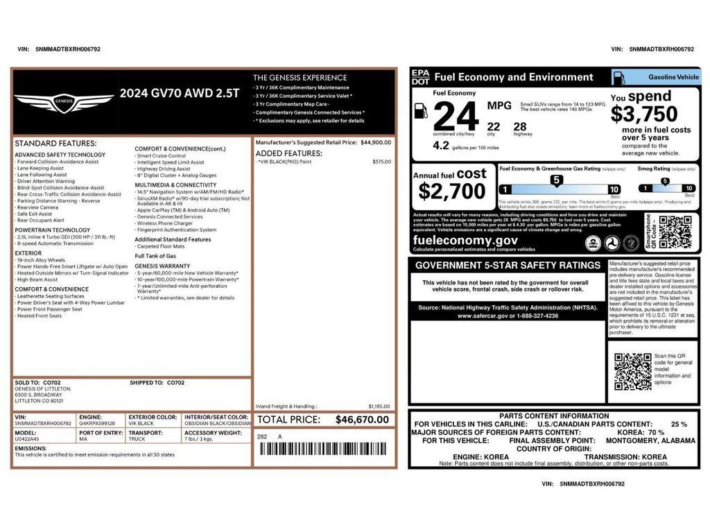 used 2024 Genesis GV70 car, priced at $40,781