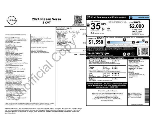 new 2024 Nissan Versa car, priced at $20,550