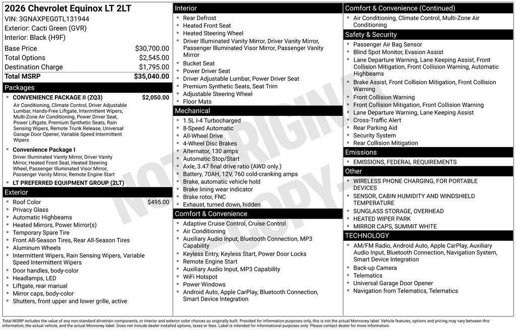 new 2026 Chevrolet Equinox car, priced at $34,540