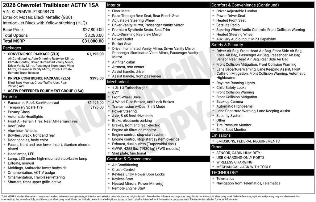 new 2026 Chevrolet TrailBlazer car, priced at $32,875