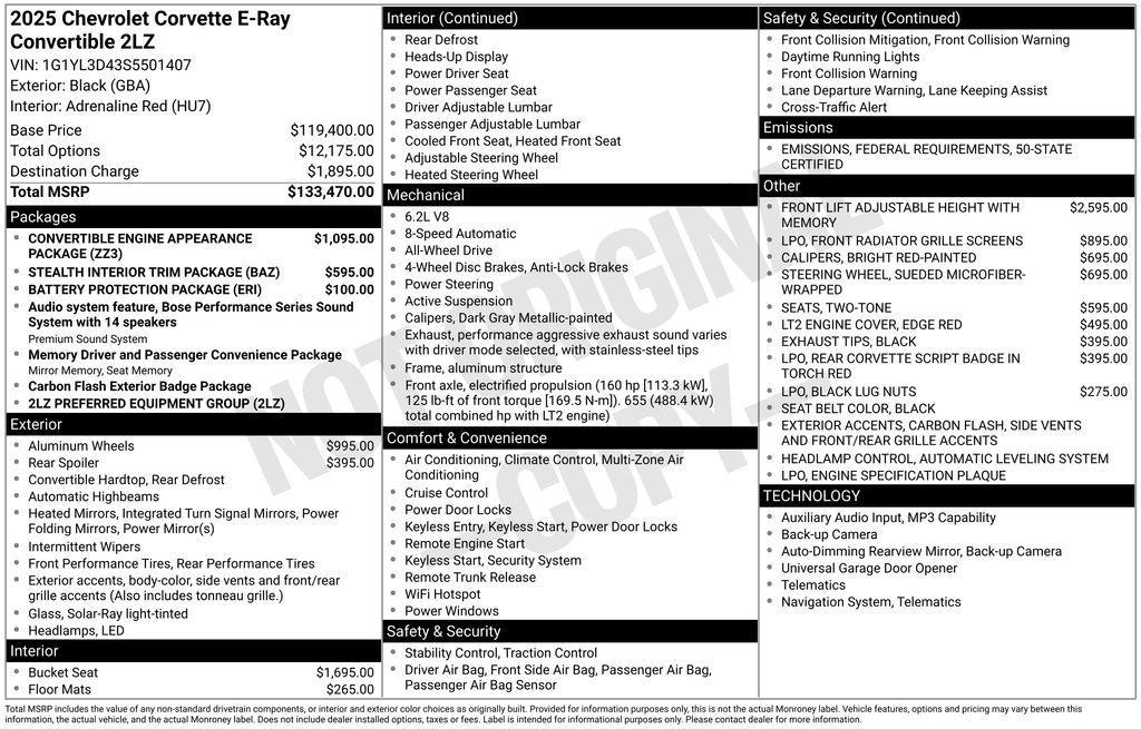 new 2025 Chevrolet Corvette E-Ray car, priced at $133,255