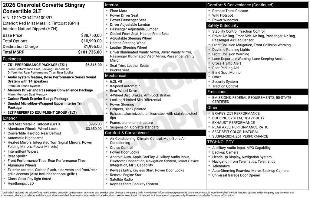 new 2026 Chevrolet Corvette car, priced at $101,735