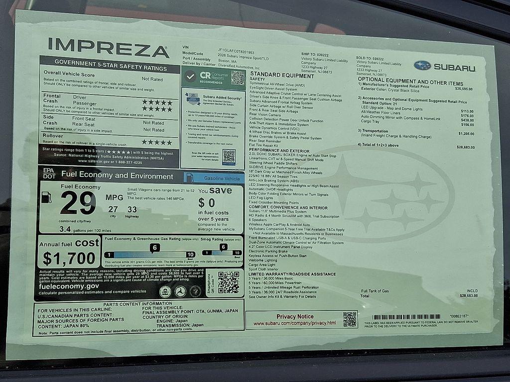 new 2026 Subaru Impreza car, priced at $27,591
