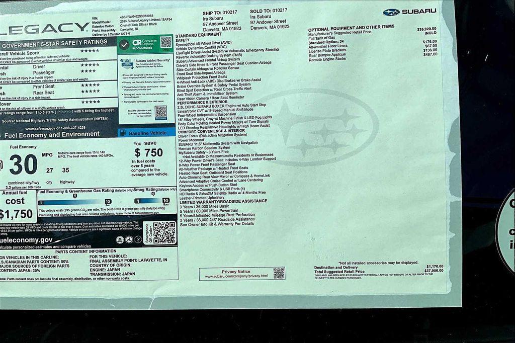 new 2025 Subaru Legacy car, priced at $34,196