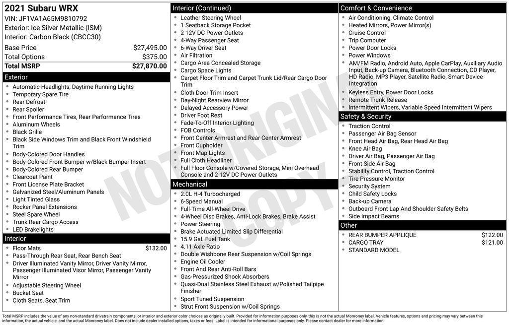 used 2021 Subaru WRX car, priced at $21,500