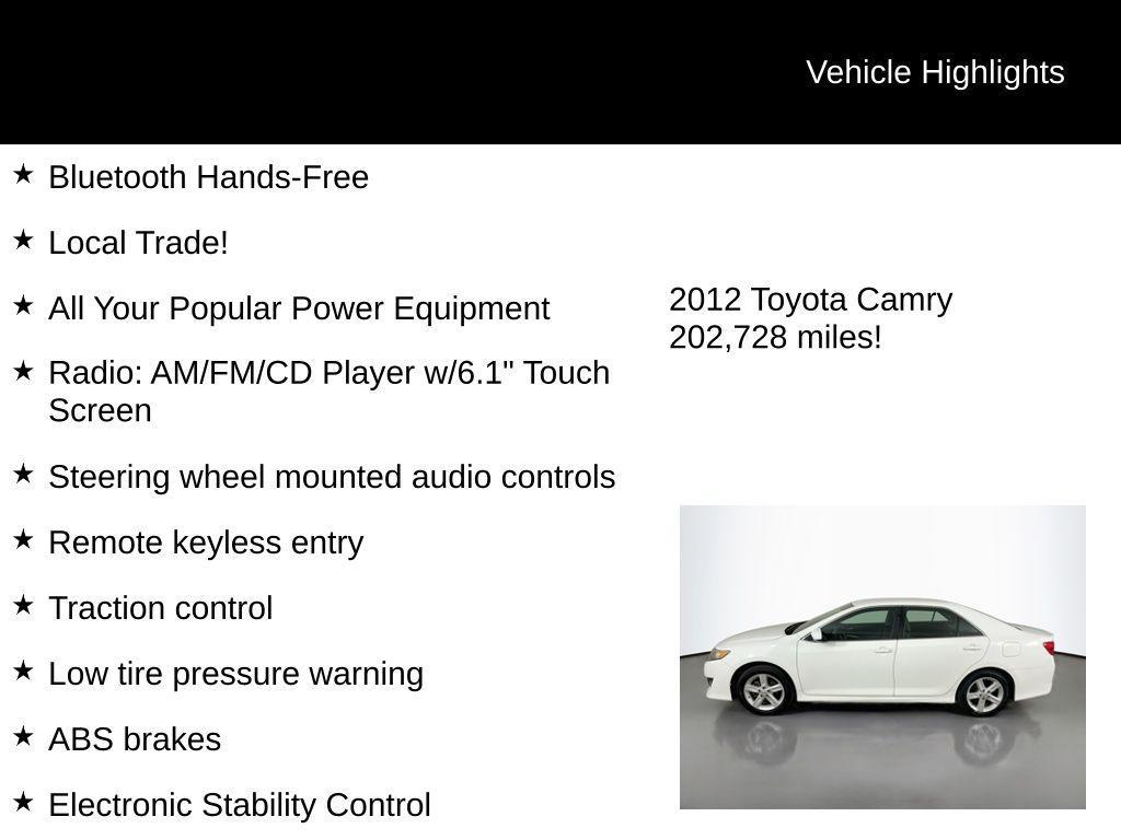 used 2012 Toyota Camry car, priced at $8,000