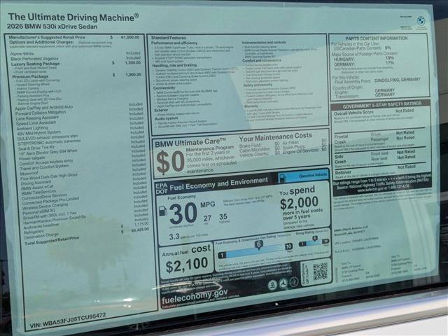 new 2026 BMW 530 car, priced at $65,425