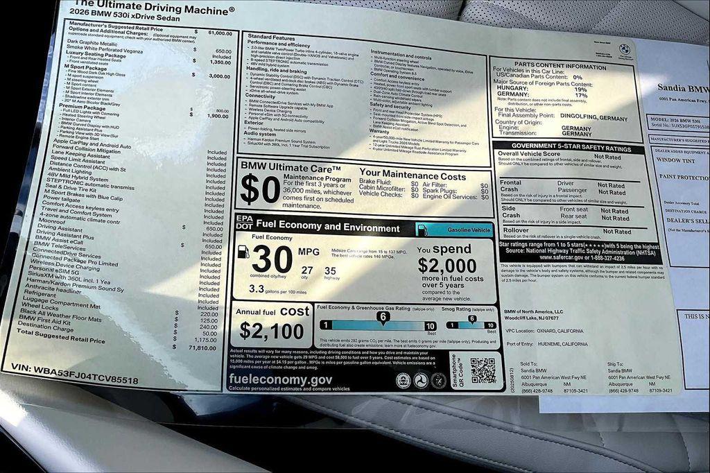 new 2026 BMW 530 car, priced at $71,810