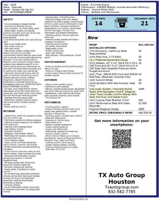 used 2018 Chevrolet Camaro car, priced at $57,500