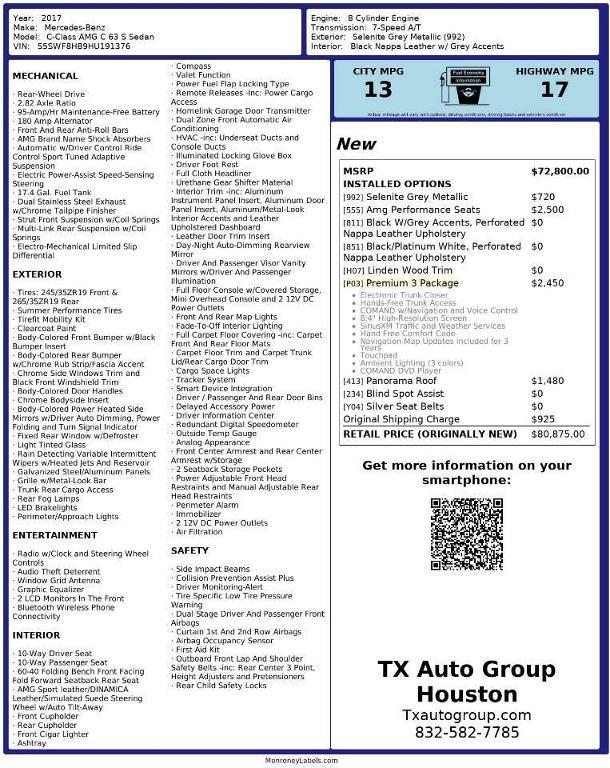 used 2017 Mercedes-Benz AMG C 63 car, priced at $38,633