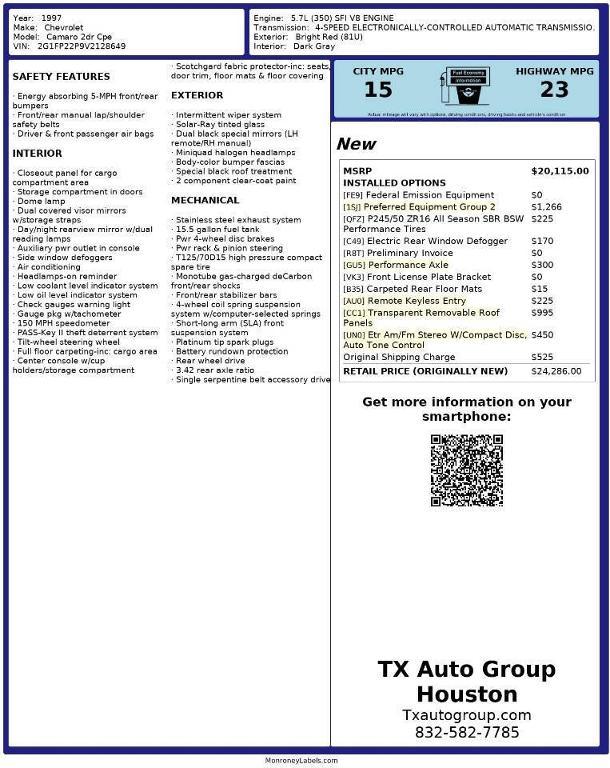 used 1997 Chevrolet Camaro car, priced at $14,600