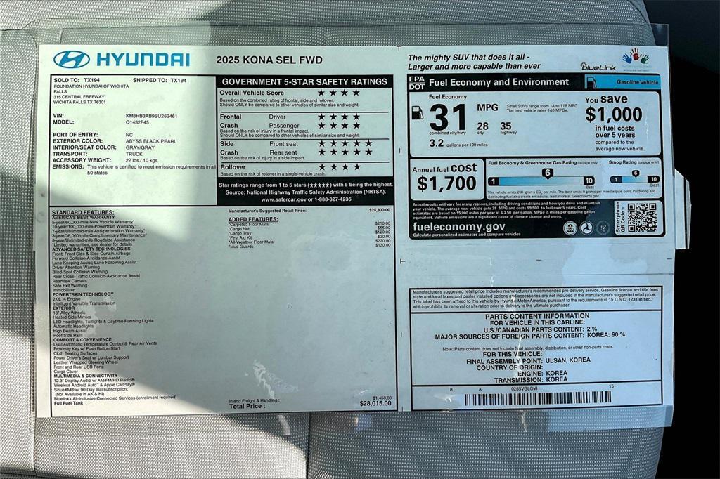 new 2025 Hyundai Kona car, priced at $25,250