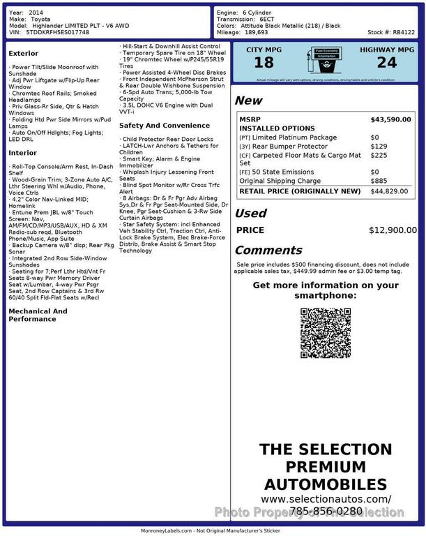 used 2014 Toyota Highlander car, priced at $12,900