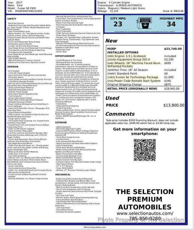 used 2017 Ford Fusion car, priced at $13,900