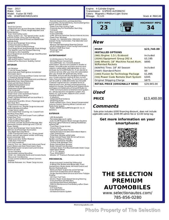 used 2017 Ford Fusion car, priced at $13,400