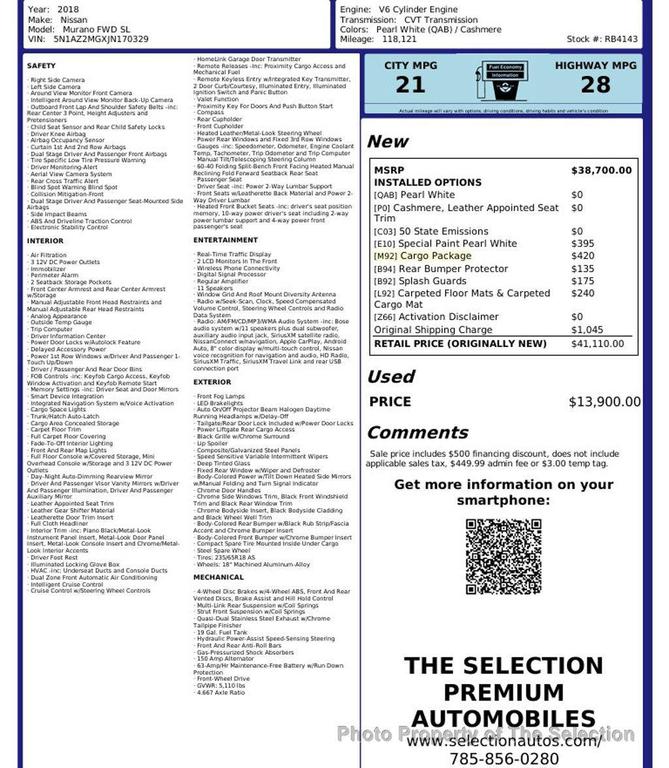 used 2018 Nissan Murano car, priced at $13,900