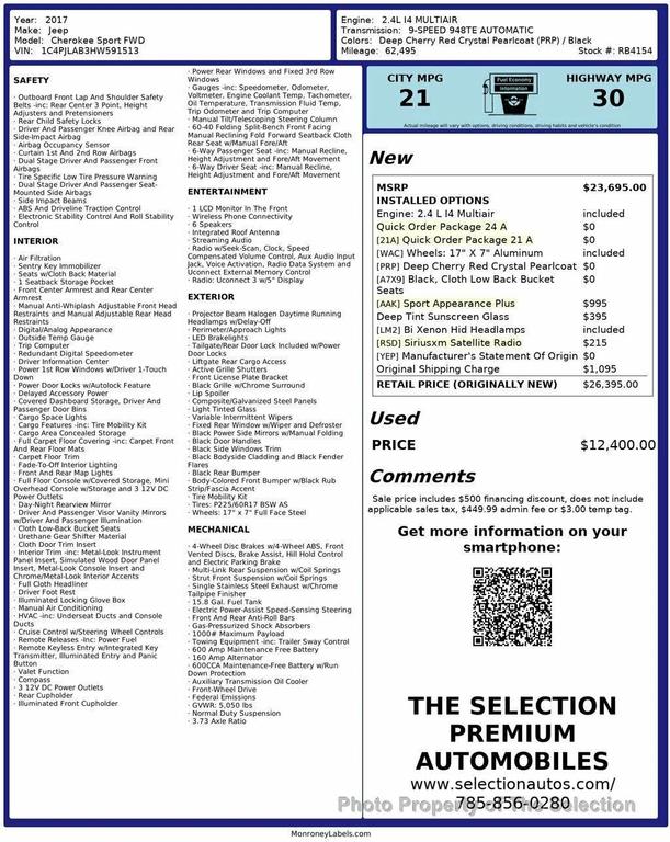 used 2017 Jeep Cherokee car, priced at $12,400