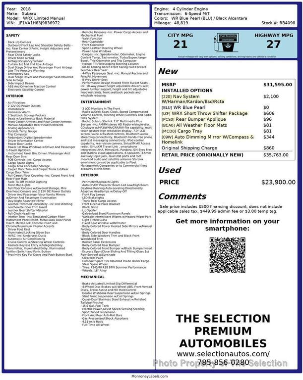 used 2018 Subaru WRX car, priced at $23,900