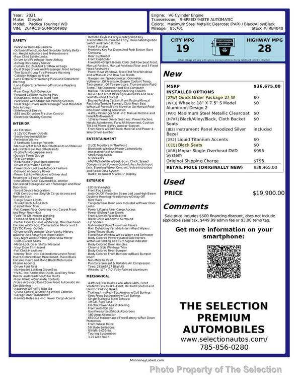 used 2021 Chrysler Pacifica car, priced at $19,900