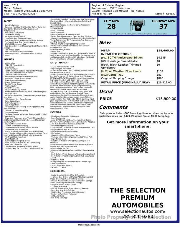 used 2018 Subaru Impreza car, priced at $15,900