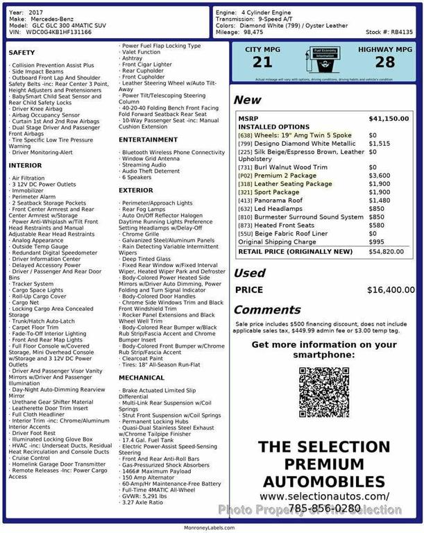 used 2017 Mercedes-Benz GLC 300 car, priced at $16,400