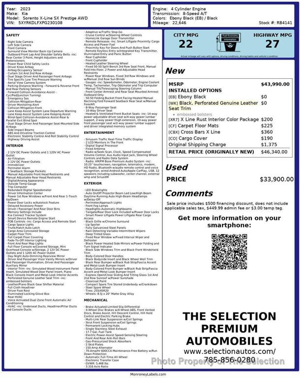 used 2023 Kia Sorento car, priced at $33,900