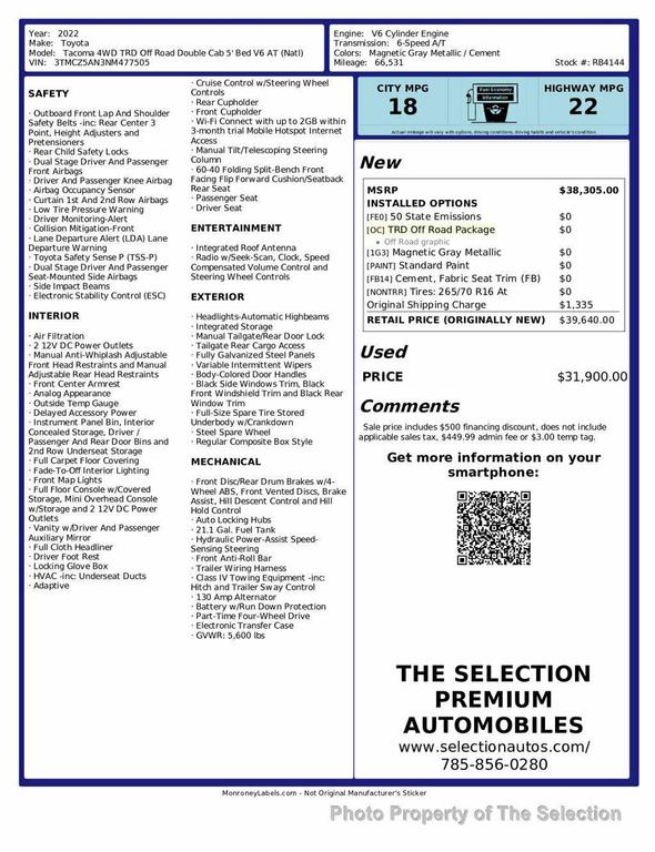 used 2022 Toyota Tacoma car, priced at $31,900