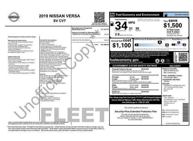 used 2019 Nissan Versa car, priced at $7,800