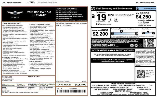 used 2018 Genesis G90 car, priced at $21,000