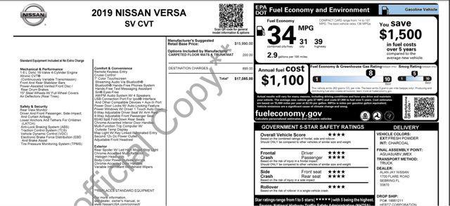 used 2019 Nissan Versa car, priced at $9,900