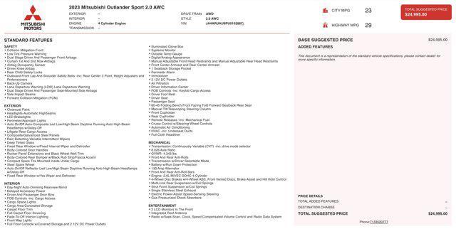 used 2023 Mitsubishi Outlander Sport car, priced at $16,800
