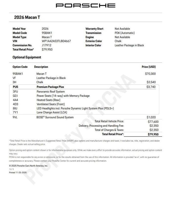 new 2026 Porsche Macan car, priced at $79,950